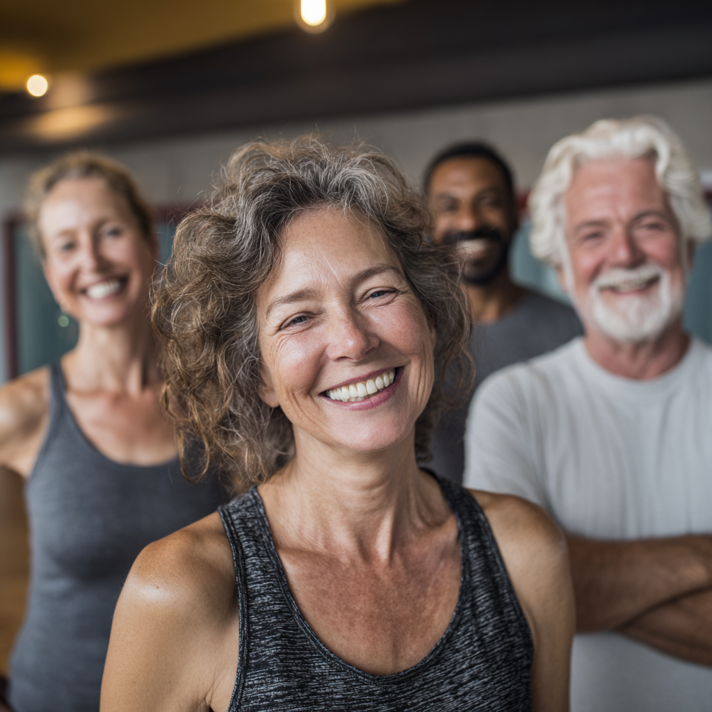 Радісна група людей віком 50-60 років після завершення групового тренування у фітнес-залі, всі посміхаються та демонструють задоволення від заняття