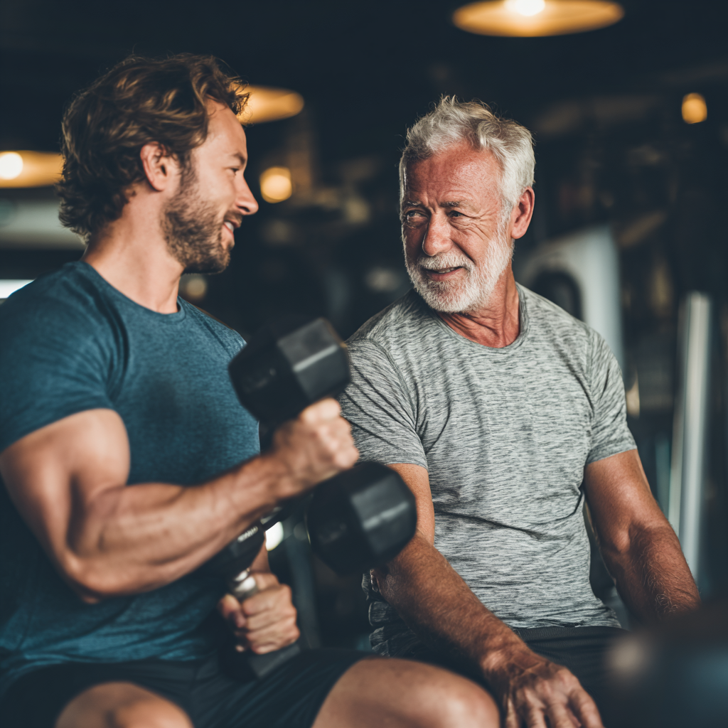 Досвідчений тренер 58 років консультує чоловіка 52 років по техніці виконання силових вправ в затишному фітнес-залі